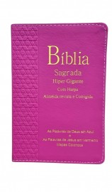 B�blia Hiper Gigante com Harpa Luxo capa Pink Palavra de Deus em azul/Palavra de Jesus em vermelho